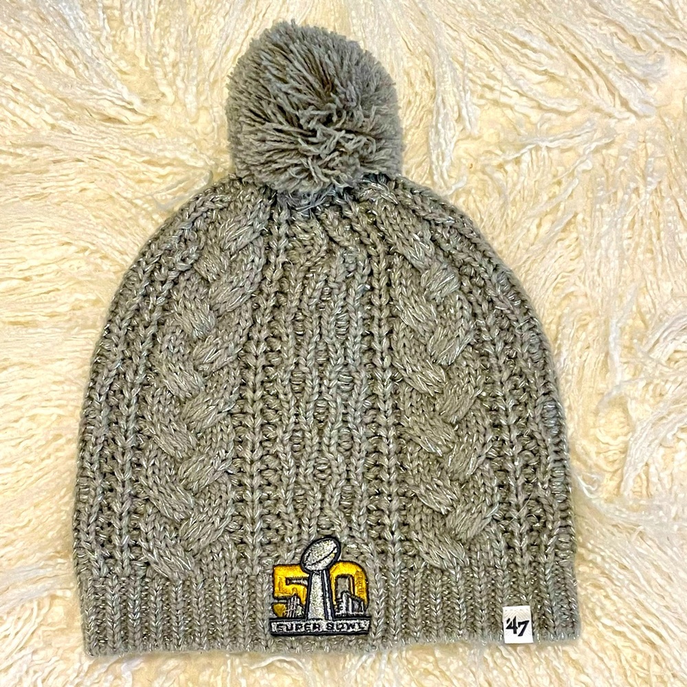 NFL Super Bowl 50 Knit Womens Hat Beanie Pom Pom Gray Lurex Broncos Panthers